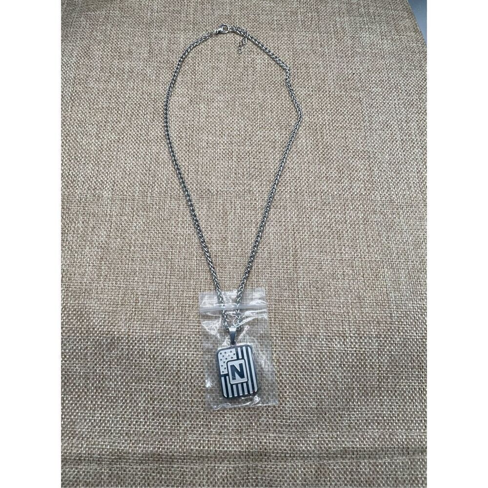 Initial Mens DogTag Necklace Patriotic Initial is N  Unisex Silver Tone